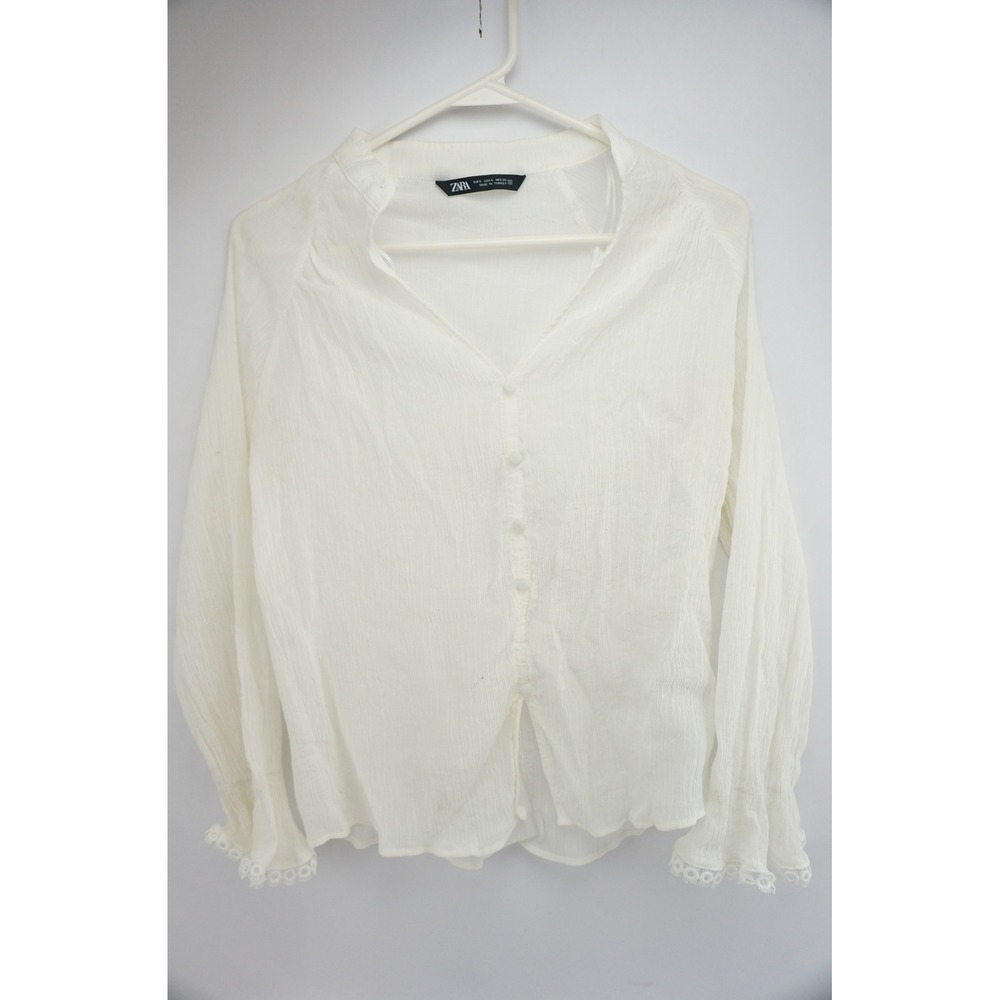 GC ZARA White Sheer Button Up‎ Blouse Long Sleeve Lace Trim Size S